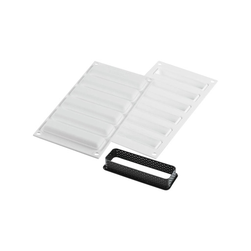 [25.276.87.0065] KIT TARTE RING RECTANGULAR 120x35 MM - SET SILICONE MOULD 107X23 + 6 RINGS White